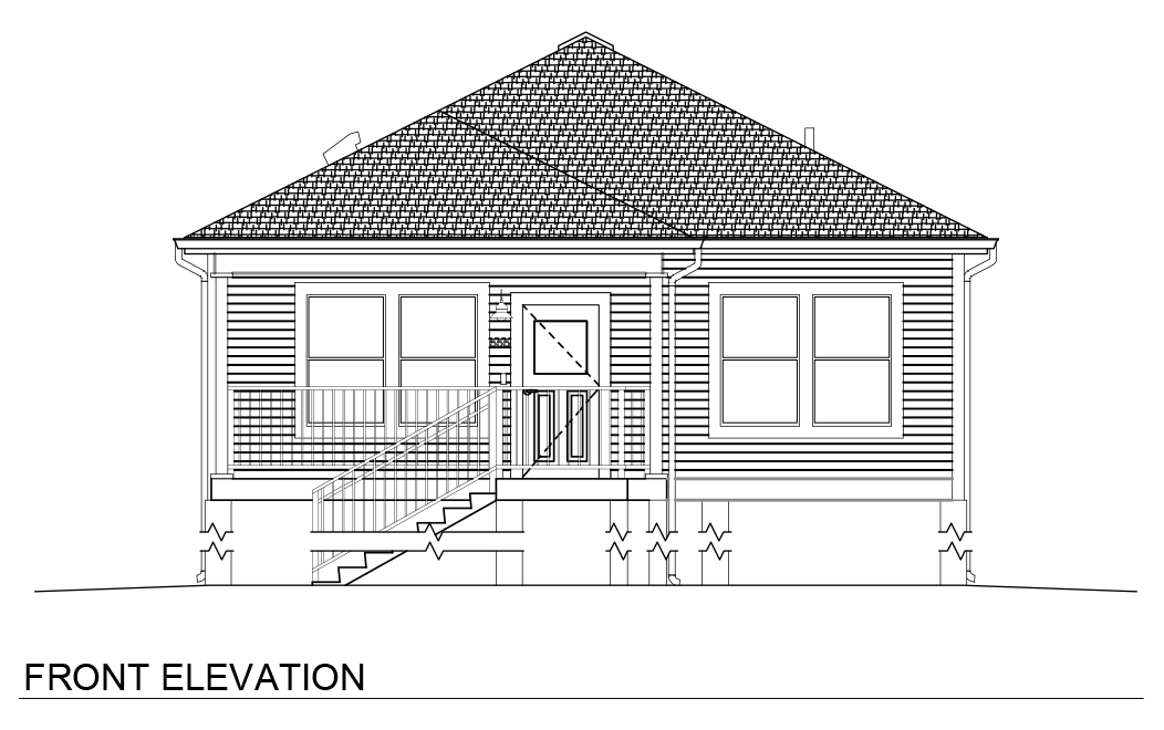 Architectural elevation sheet titled “2 Bedroom / 2 Bath Narrow Pier & Beam – Hip.” The page displays front, rear, left, and right exterior elevations of a narrow single-story home elevated on a pier-and-beam foundation. The front elevation shows a centered covered entry porch with stairs leading up to the front door, horizontal lap siding, a hip roof with deep overhangs, and evenly spaced front-facing windows. The rear elevation includes an elevated rear entry with stairs and additional windows. Side elevations show the home’s raised foundation system with visible piers, porch railings, and roof slopes extending over the exterior walls. Additional technical information includes sheet number A2.01, project and revision details, scale references, and engineering firm information.