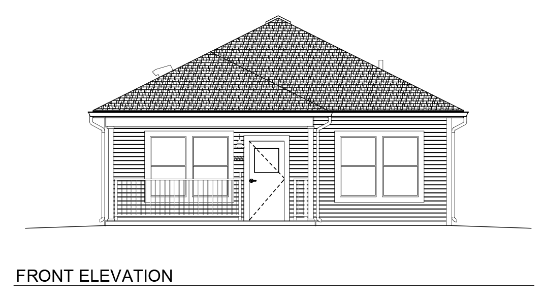 Architectural elevation sheet titled “2 Bedroom / 2 Bath Narrow Slab – Hip.” The document presents front, rear, left, and right exterior views of a narrow single-story home constructed on a slab foundation. The front elevation features a covered front porch with railing, a centered front door, paired front windows, horizontal siding, and a hip roof with moderate overhangs. Rear and side elevations show additional windows, secondary entry doors, and consistent siding and roof detailing around the structure. The slab foundation keeps the structure close to grade level compared to the elevated pier-and-beam version. Additional technical information includes sheet number A2.01, project and revision details, scale references, and engineering firm information.