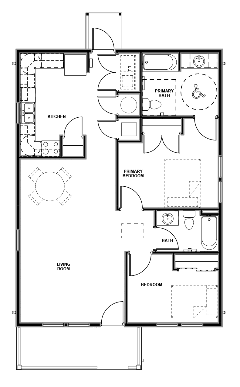 Architectural floor plan titled “2 Bedroom / 2 Bath Narrow Slab – Hip.” The layout shows a single-story narrow home with two bedrooms and two bathrooms arranged along the right side of the structure. The primary bedroom is positioned near the center-right portion of the home and connects to a private primary bathroom with accessible turning space. A secondary bedroom and shared bathroom are located toward the lower-right corner. On the left side of the home, an open-concept living room occupies the lower half of the plan and connects directly to the kitchen and dining area in the upper-left corner. A central corridor and interior doorways provide circulation between the bedrooms, bathrooms, and common living spaces. The plan also includes a covered front entry porch extending from the lower exterior wall. To the right of the floor plan is a matching hip roof plan showing roof ridges, slopes, and overhangs. Additional technical information includes sheet number A1.11, project and revision details, scale references, and engineering firm information.