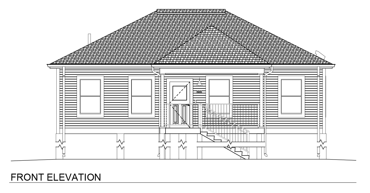 Architectural elevation sheet titled “2 Bedroom / 2 Bath Wide Pier & Beam – Hip.” The page includes front, rear, left, and right exterior elevations of a wider-format single-story home elevated on a pier-and-beam foundation. The front elevation shows a raised covered porch with central stairs leading to the entry door, symmetrical window placement, horizontal siding, and a broad hip roof. Rear and side elevations reveal elevated porch platforms, exposed foundation piers, stair access points, and additional windows distributed across the exterior walls. The wider footprint creates a more horizontally proportioned façade compared to the narrow version. Additional technical information includes sheet number A2.01, project and revision details, scale references, and engineering firm information.