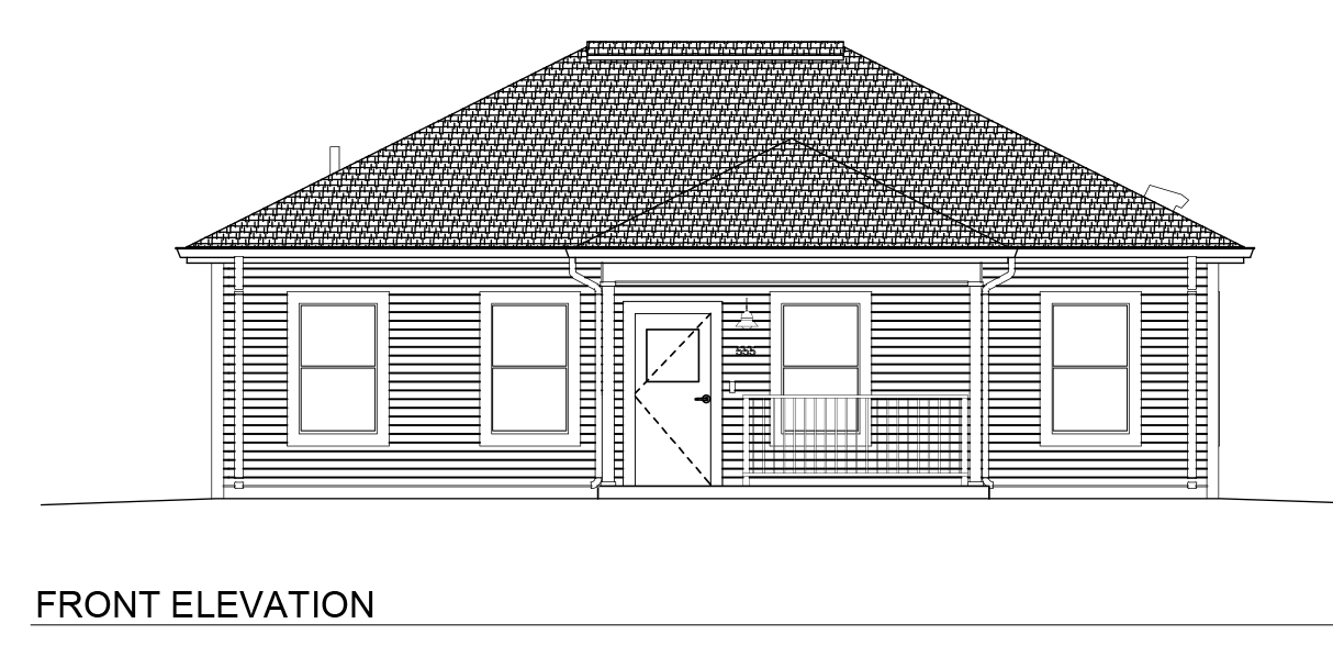 Architectural elevation sheet titled “2 Bedroom / 2 Bath Wide Slab – Hip.” The sheet presents front, rear, left, and right elevations of a single-story home built on a slab foundation. The front elevation features a centered covered porch with railing, multiple front-facing windows, horizontal siding, and a low-profile hip roof. Rear and side elevations show secondary entry access, additional windows, and continuous rooflines wrapping around the structure. The slab construction keeps the home at ground level while maintaining the same general roof and siding design language as the elevated version. Additional technical information includes sheet number A2.01, project and revision details, scale references, and engineering firm information.