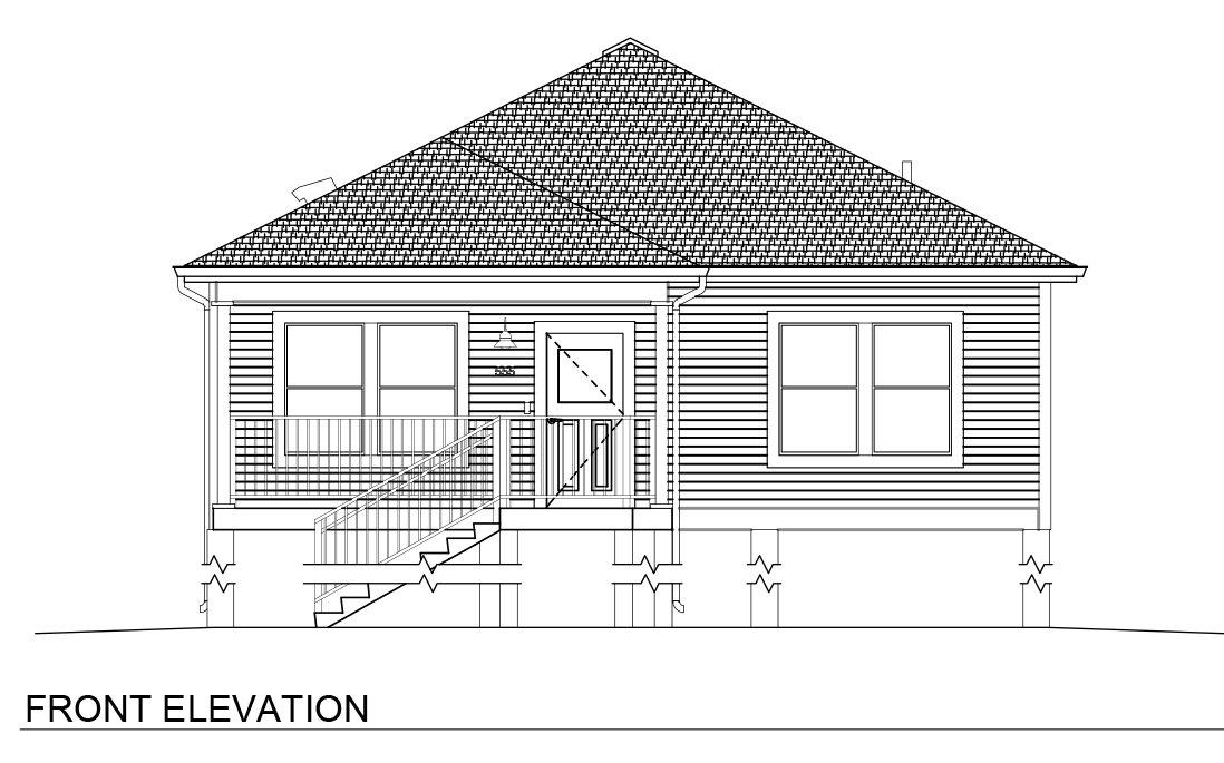 Architectural elevation sheet titled “3 Bedroom / 2 Bath Narrow Pier & Beam – Hip.” The document displays front, rear, left, and right exterior elevations of a narrow single-story home elevated on a pier-and-beam foundation. The front elevation includes a raised covered porch with stairs leading to the entry, front-facing windows, horizontal siding, and a hip roof with extended overhangs. Rear and side elevations show additional windows, porch access points, stairways, and exposed foundation piers supporting the raised structure. The narrow footprint creates elongated side elevations with continuous siding and roof slopes. Additional technical information includes sheet number A2.01, project and revision details, scale references, and engineering firm information.