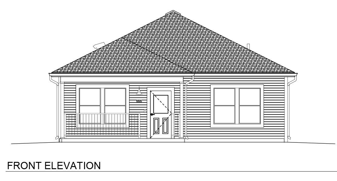 Architectural elevation sheet titled “3 Bedroom / 2 Bath Narrow Slab – Hip.” The page contains front, rear, left, and right exterior elevations of a narrow single-story home on a slab foundation. The front elevation shows a covered front porch with railing, centered entry door, paired front windows, horizontal siding, and a hip roof. Rear and side elevations illustrate additional windows, side porch elements, and consistent roof overhangs surrounding the structure. The slab foundation keeps the home close to grade while maintaining the same exterior architectural style as the elevated variant. Additional technical information includes sheet number A2.01, project and revision details, scale references, and engineering firm information.