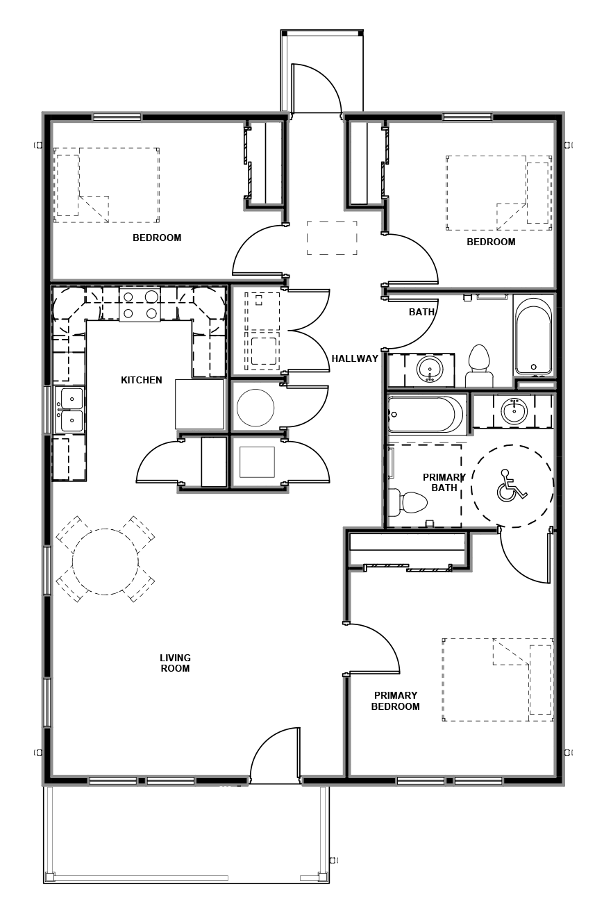 Architectural floor plan titled “3 Bedroom / 2 Bath Narrow Slab – Hip.” The layout shows a single-story home with three bedrooms and two bathrooms arranged within a narrow rectangular footprint. The primary bedroom suite is located in the lower-right portion of the home and includes a private primary bathroom with accessible clearance space. Two secondary bedrooms are positioned along the upper portion of the plan and share a centrally located bathroom connected by a hallway. The left side of the home contains an open living room and kitchen area with adjacent dining space, creating a combined central gathering area. Interior hallways connect the bedrooms and bathrooms to the common living spaces. A covered front porch projects from the lower-left exterior wall. The sheet also includes a corresponding hip roof plan showing roof ridges, valleys, slopes, and overhangs. Additional technical information includes sheet number A1.11, project and revision details, scale references, and engineering firm information.