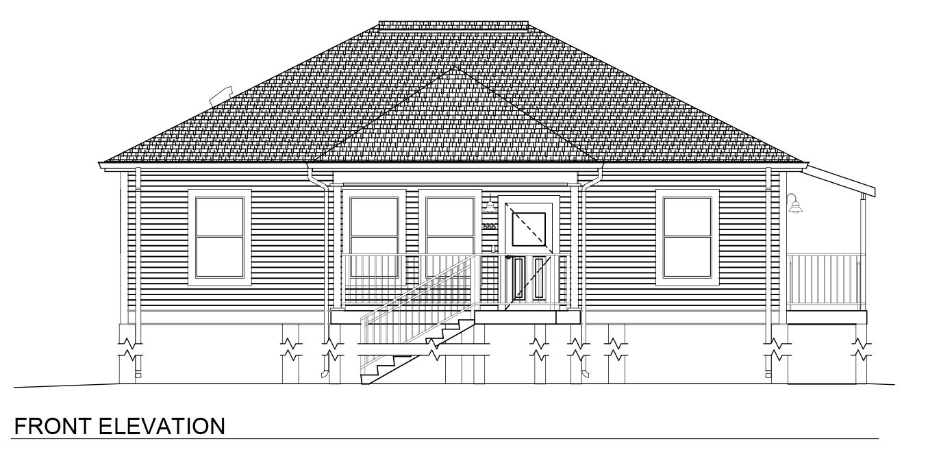 Architectural elevation sheet titled “3 Bedroom / 2 Bath Wide Pier & Beam – Hip.” The document displays front, rear, left, and right exterior elevations of a wide single-story home elevated on a pier-and-beam foundation. The front elevation features a raised porch with central stairs, horizontal siding, multiple front windows, and a broad hip roof. Side and rear elevations reveal elevated deck areas, exposed structural piers, stair access, and additional windows distributed across the façade. The wider footprint creates broader front and rear elevations with a more expansive roofline. Additional technical information includes sheet number A2.01, project and revision details, scale references, and engineering firm information.