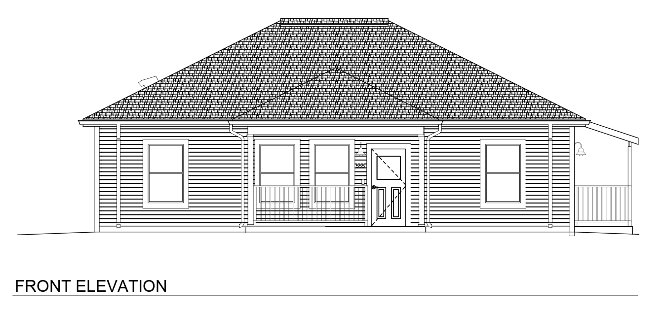 Architectural elevation sheet titled “3 Bedroom / 2 Bath Wide Slab – Hip.” The sheet contains front, rear, left, and right exterior elevations of a single-story slab-on-grade home with a hip roof. The front elevation includes a covered porch, centered entry door, multiple front-facing windows, horizontal siding, and broad roof overhangs. Rear and side elevations show additional doors, side porch elements, and evenly spaced windows along the exterior walls. The wider footprint creates a balanced horizontal appearance while maintaining a compact single-story profile. Additional technical information includes sheet number A2.01, project and revision details, scale references, and engineering firm information.