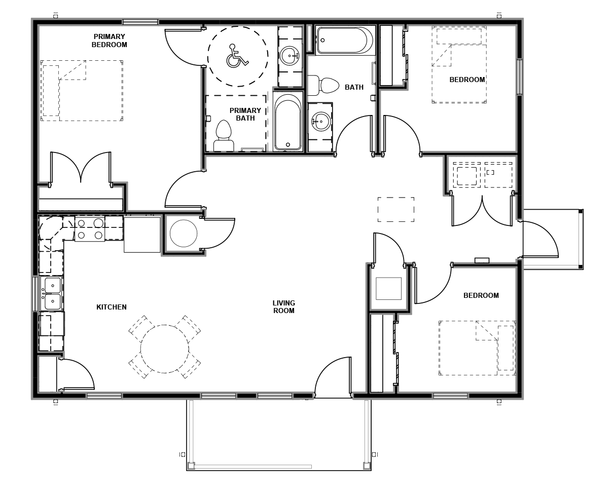 Architectural floor plan titled “3 Bedroom / 2 Bath Wide Slab – Hip.” The layout depicts a single-story home with three bedrooms and two bathrooms arranged around a central living space. The primary bedroom suite occupies the upper-left corner and includes a private primary bathroom with accessible maneuvering space. Two secondary bedrooms are located along the right side of the plan and share a nearby hall bathroom. The center of the home contains an open living room connected directly to the kitchen and dining area positioned on the left side. Hallways and interior doors organize circulation between bedrooms, bathrooms, and shared living spaces. A covered entry porch extends from the lower center of the structure. The roof plan on the right side of the sheet illustrates the hip roof configuration with ridges, slopes, and overhangs. Additional technical information includes sheet number A1.11, project and revision details, scale references, and engineering firm information.