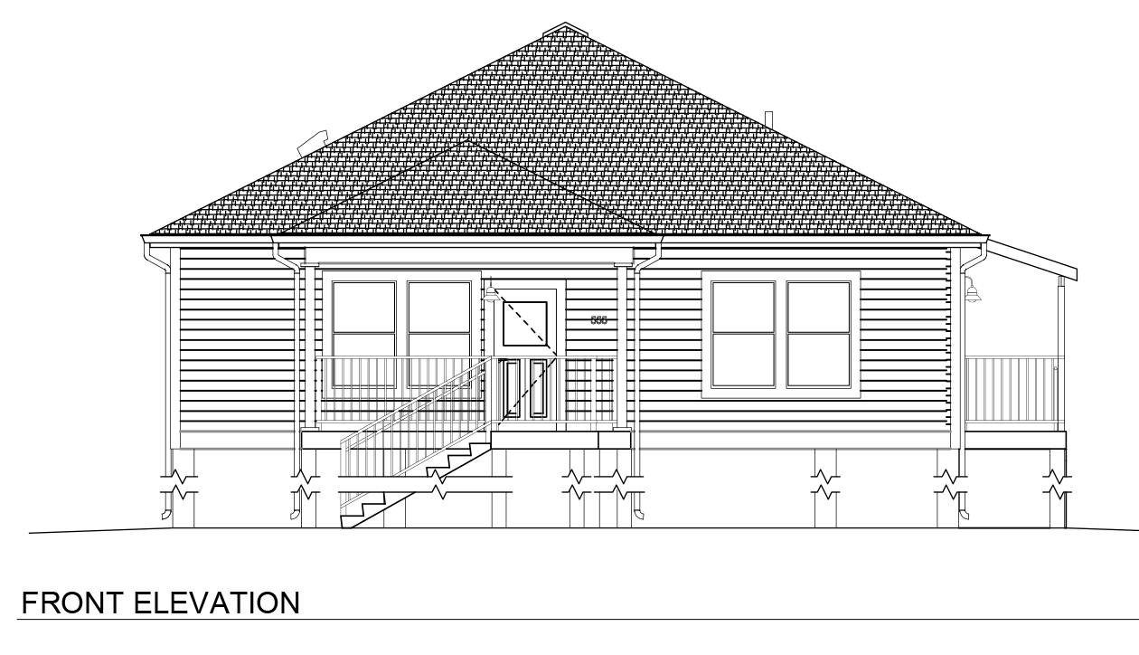 Architectural elevation sheet titled “4 Bedroom / 2 Bath Narrow Pier & Beam – Hip.” The document presents front, rear, left, and right exterior elevations of a narrow single-story home elevated on a pier-and-beam foundation. The front elevation includes a raised porch with stairs leading to the entry, multiple front-facing windows, horizontal siding, and a hip roof with wide overhangs. Side and rear elevations show additional windows, elevated side porches, stair access, and exposed structural piers beneath the home. The narrow layout creates elongated side elevations emphasizing the roofline and raised foundation system. Additional technical information includes sheet number A2.01, project and revision details, scale references, and engineering firm information.