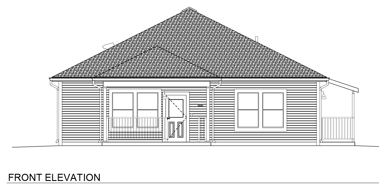 Architectural elevation sheet titled “4 Bedroom / 2 Bath Narrow Slab – Hip.” The page includes front, rear, left, and right exterior elevations of a narrow single-story slab-on-grade home with a hip roof. The front elevation features a covered porch, centered entry, symmetrical windows, and horizontal siding. Rear and side elevations show additional windows, secondary porch areas, and continuous roof overhangs wrapping around the structure. The slab foundation provides a low-profile appearance while maintaining the same overall architectural style as the elevated version. Additional technical information includes sheet number A2.01, project and revision details, scale references, and engineering firm information.