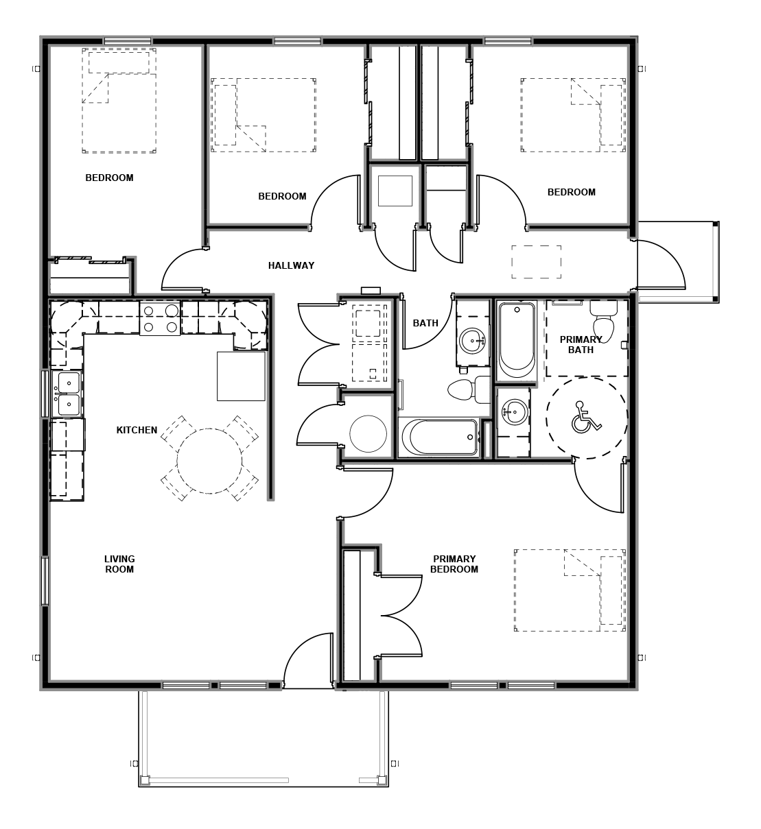 Architectural floor plan titled “4 Bedroom / 2 Bath Narrow Slab – Hip.” The layout shows a single-story home with four bedrooms and two bathrooms organized within a narrow rectangular footprint. Three secondary bedrooms are positioned along the upper half of the home and connect to a central hallway and shared bathroom. The primary bedroom suite is located in the lower-right corner and includes a private primary bathroom with accessible turning space. The left side of the home contains an open-concept living room and kitchen area with adjacent dining space, creating a central gathering area for the household. Interior corridors connect all bedrooms and bathrooms to the common living spaces. A covered entry porch projects from the lower center exterior wall. The sheet also includes a hip roof plan illustrating roof ridges, valleys, slopes, and overhangs. Additional technical information includes sheet number A1.11, project and revision details, scale references, and engineering firm information.