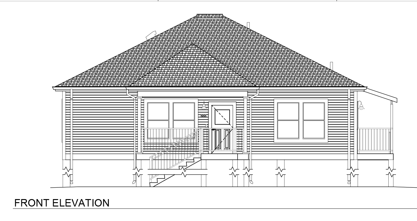 Architectural elevation sheet titled “4 Bedroom / 2 Bath Wide Pier & Beam – Hip.” The document shows front, rear, left, and right exterior elevations of a wide single-story home elevated on a pier-and-beam foundation. The front elevation features a raised covered porch with stairs, multiple windows, horizontal siding, and a broad hip roof spanning the full width of the structure. Rear and side elevations reveal elevated porch platforms, visible foundation piers, stair access, and evenly spaced windows. The wider floor footprint creates expansive front and rear rooflines with balanced exterior proportions. Additional technical information includes sheet number A2.01, project and revision details, scale references, and engineering firm information