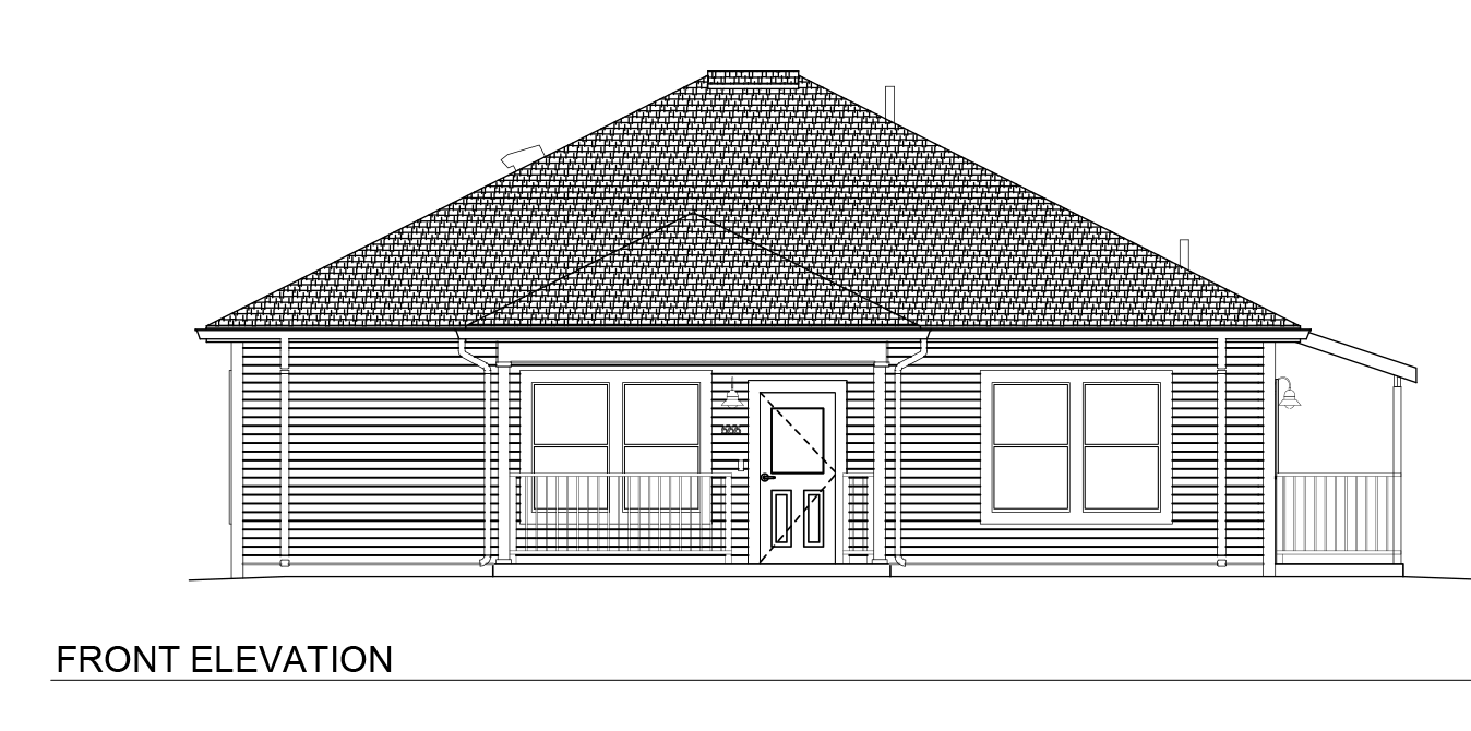 Architectural elevation sheet titled “4 Bedroom / 2 Bath Wide Slab – Hip.” The page displays front, rear, left, and right exterior elevations of a single-story slab-on-grade home with a hip roof. The front elevation includes a covered porch with railing, centered entry door, grouped windows, horizontal siding, and broad roof overhangs. Side and rear elevations show additional windows, side porch areas, and consistent exterior detailing around the structure. The slab foundation creates a low-profile appearance while preserving the wide horizontal proportions of the home design. Additional technical information includes sheet number A2.01, project and revision details, scale references, and engineering firm information.