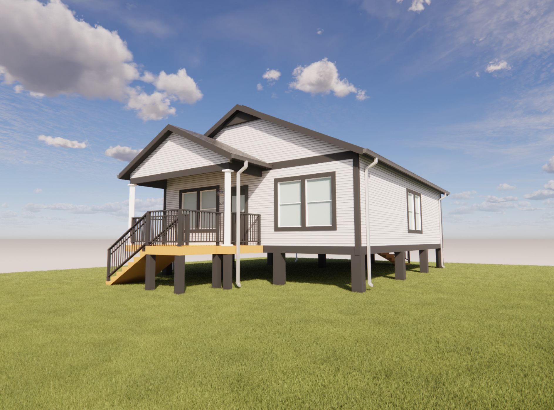 Elevated single-story home featuring two front-facing gable roofs with an intersecting side gable roof. The home includes light horizontal siding, a covered front porch supported by square columns, a front stoop with stairs and black metal railings, large double-hung windows with dark trim, white gutters, and an open pier foundation designed to elevate the structure above grade.