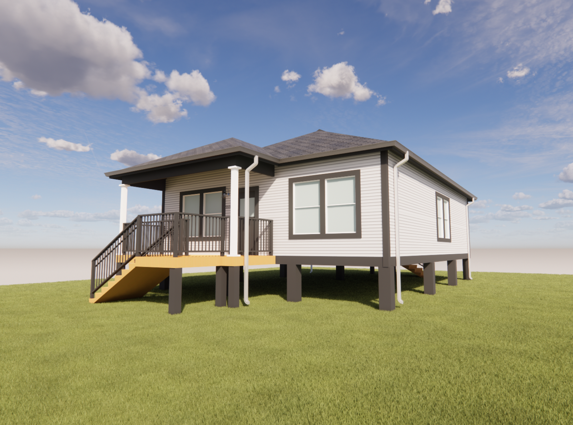 Three-quarter view of an elevated, single-story home with a hip roof. The home features light horizontal lap siding with dark trim, a covered front porch supported by square columns, a front stoop with stairs and black metal railings, large double-hung windows, white gutters and downspouts, and an open pier foundation.