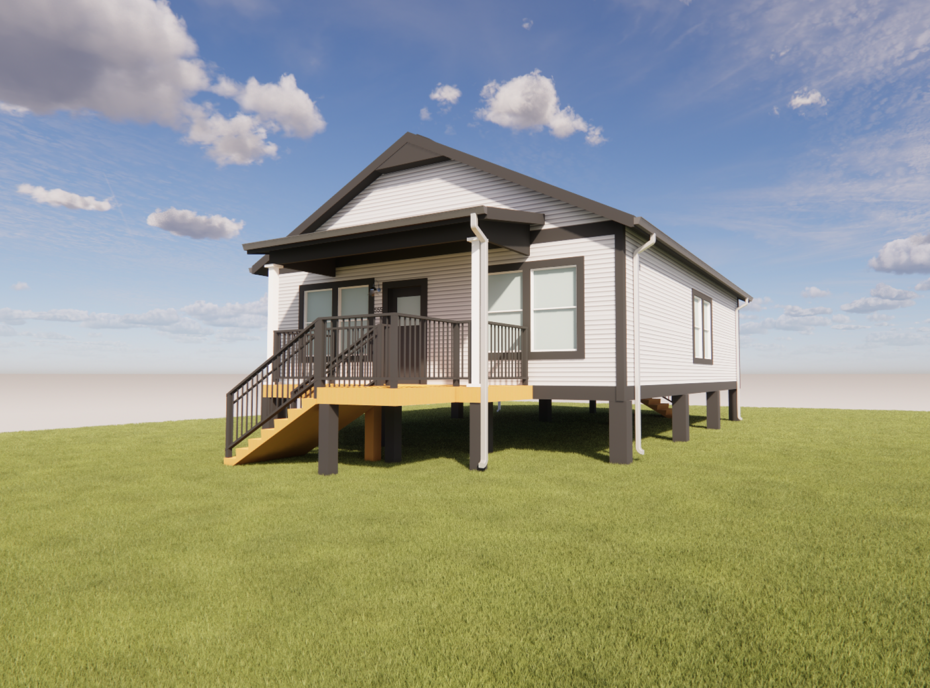 Three-quarter view of an elevated, single-story home with a shed roof extending over the covered front porch. The home features light horizontal lap siding with dark trim, white square porch columns, a front stoop with stairs and black metal railings, large double-hung windows, white gutters and downspouts, and an open pier foundation.