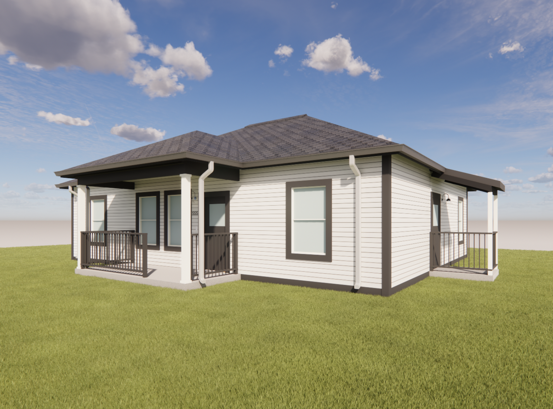 Three-quarter view of a single-story home with a hip roof. The home features light horizontal lap siding with dark trim, covered front and side porches supported by square columns, black metal porch railings, large double-hung windows, white gutters and downspouts, and a slab foundation.