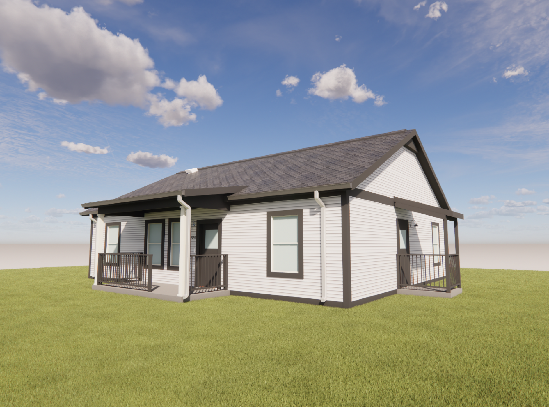 Three-quarter view of a single-story home with a front-facing gable roof and a shed roof extending over the covered front porch. The home features light horizontal lap siding with dark trim, covered front and side porches supported by square columns, black metal porch railings, large double-hung windows, white gutters and downspouts, and a slab foundation.